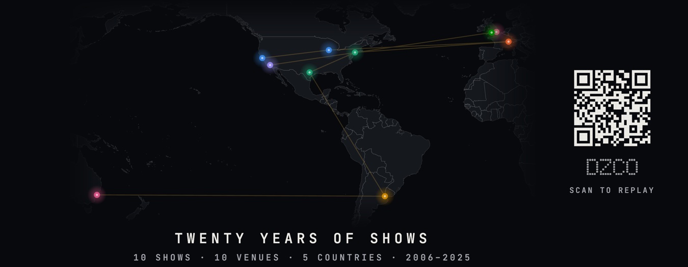 A black mug wrap: the same map of ten concerts, with a QR code to replay it and a small DZCO logo by the handle