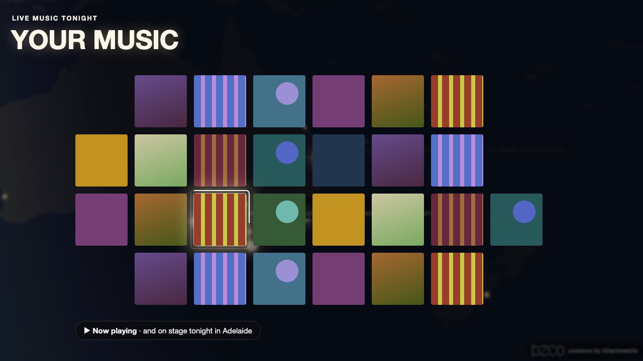 Music mode on the DZCO map: a wall of square covers over the night map, one glowing as it plays